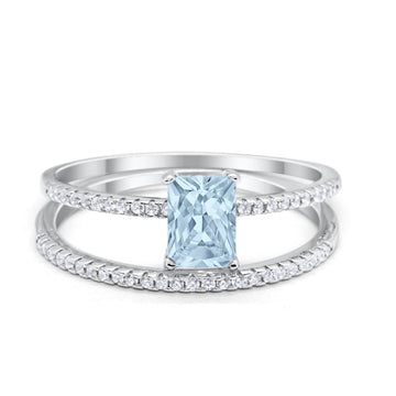 Art Deco Two Piece Wedding Ring Radiant Simulated Aquamarine CZ 925 Sterling Silver